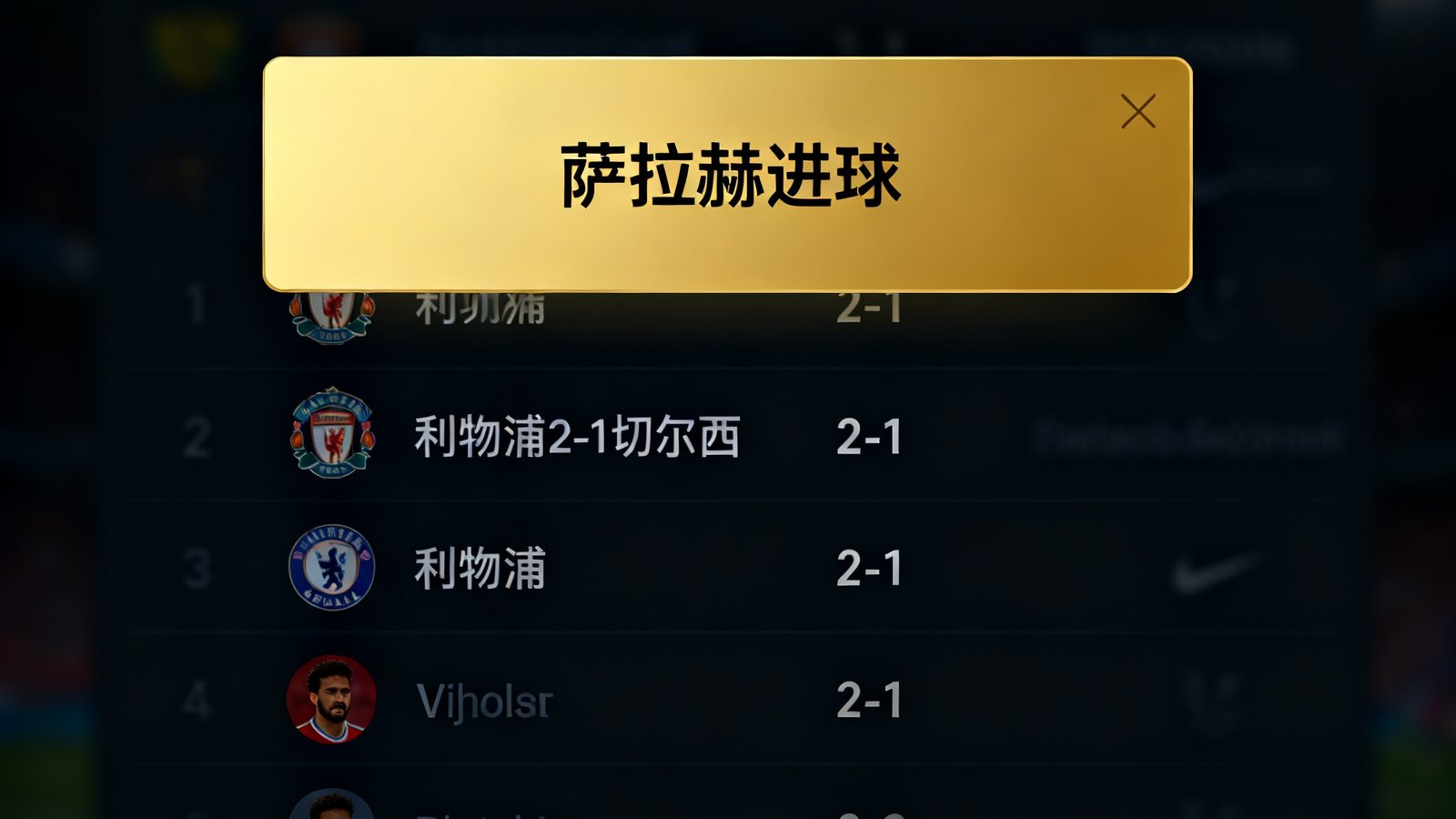 深色界面中实时比分列表，利物浦2-1切尔西，上方弹出金色进球弹窗显示萨拉赫进球